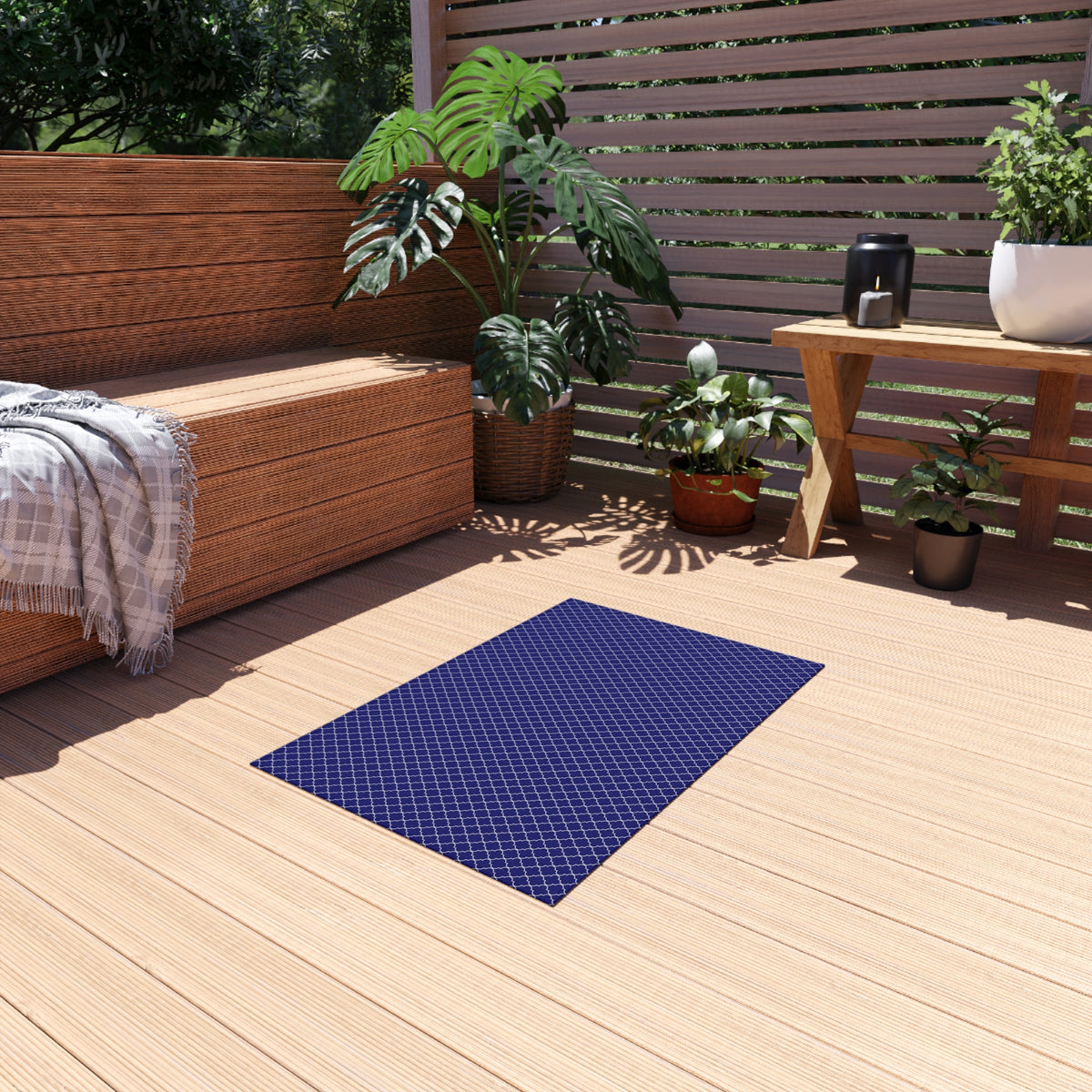 Navy and white Moroccan trellis outdoor rug — soft polyester chenille with a non-slip backing