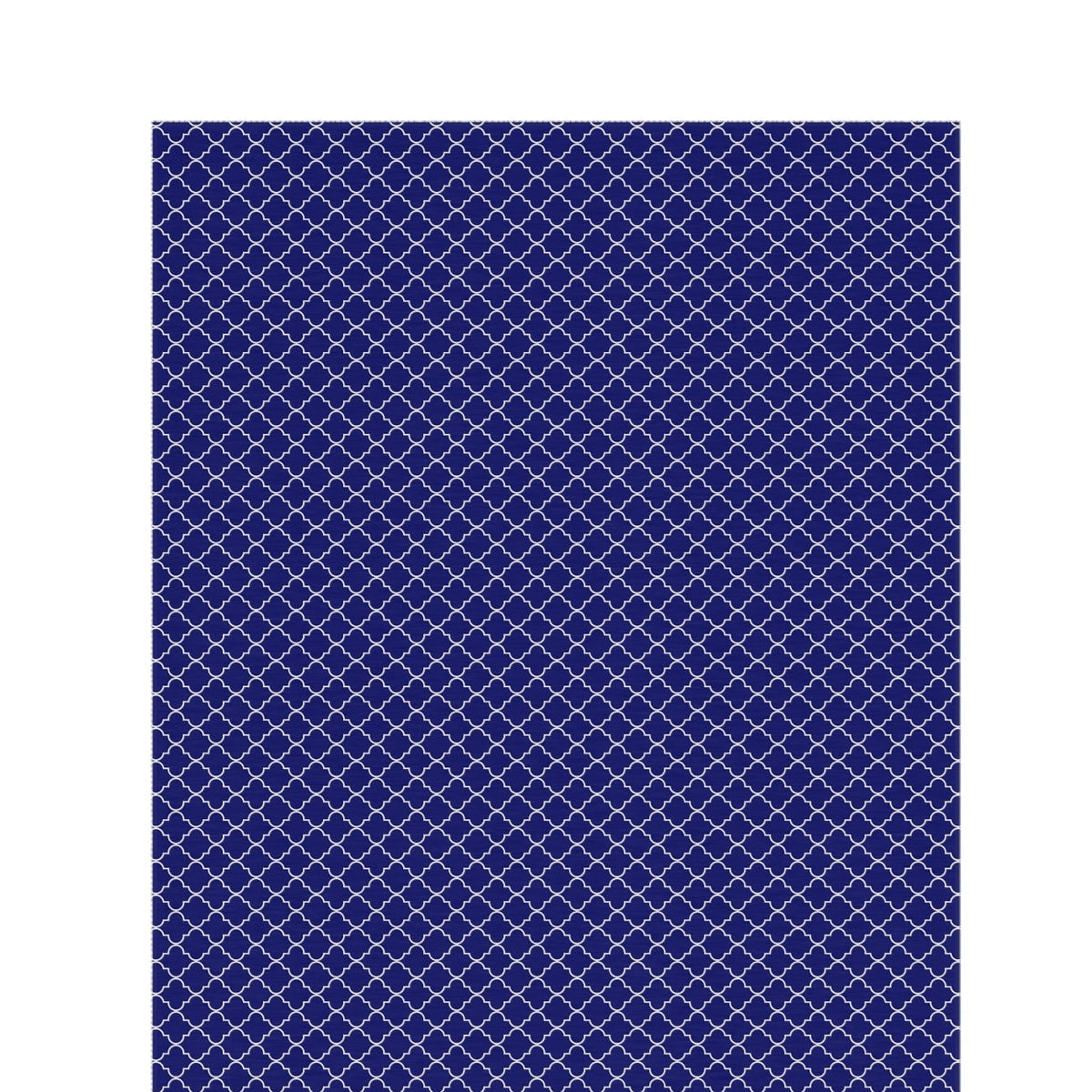 Navy and white Moroccan trellis outdoor rug — soft polyester chenille with a non-slip backing