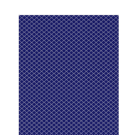 Navy and white Moroccan trellis outdoor rug — soft polyester chenille with a non-slip backing