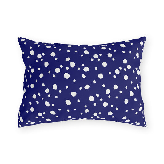 Navy and white painted dot lumbar outdoor pillow — spun polyester, UV and water resistant