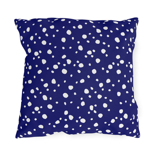 Navy and white painted dot outdoor pillow — spun polyester, UV and water resistant