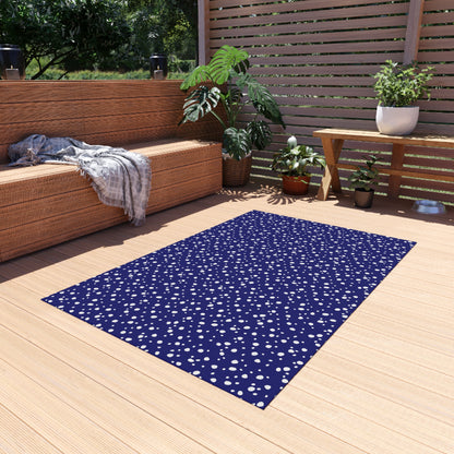 Navy and white painted dot outdoor rug — soft polyester chenille with a non-slip backing