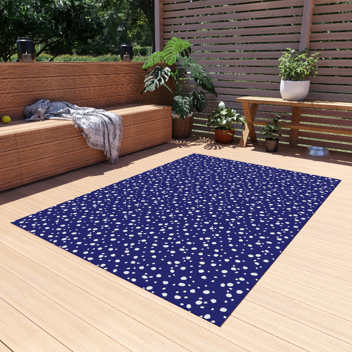Navy and white painted dot outdoor rug — soft polyester chenille with a non-slip backing