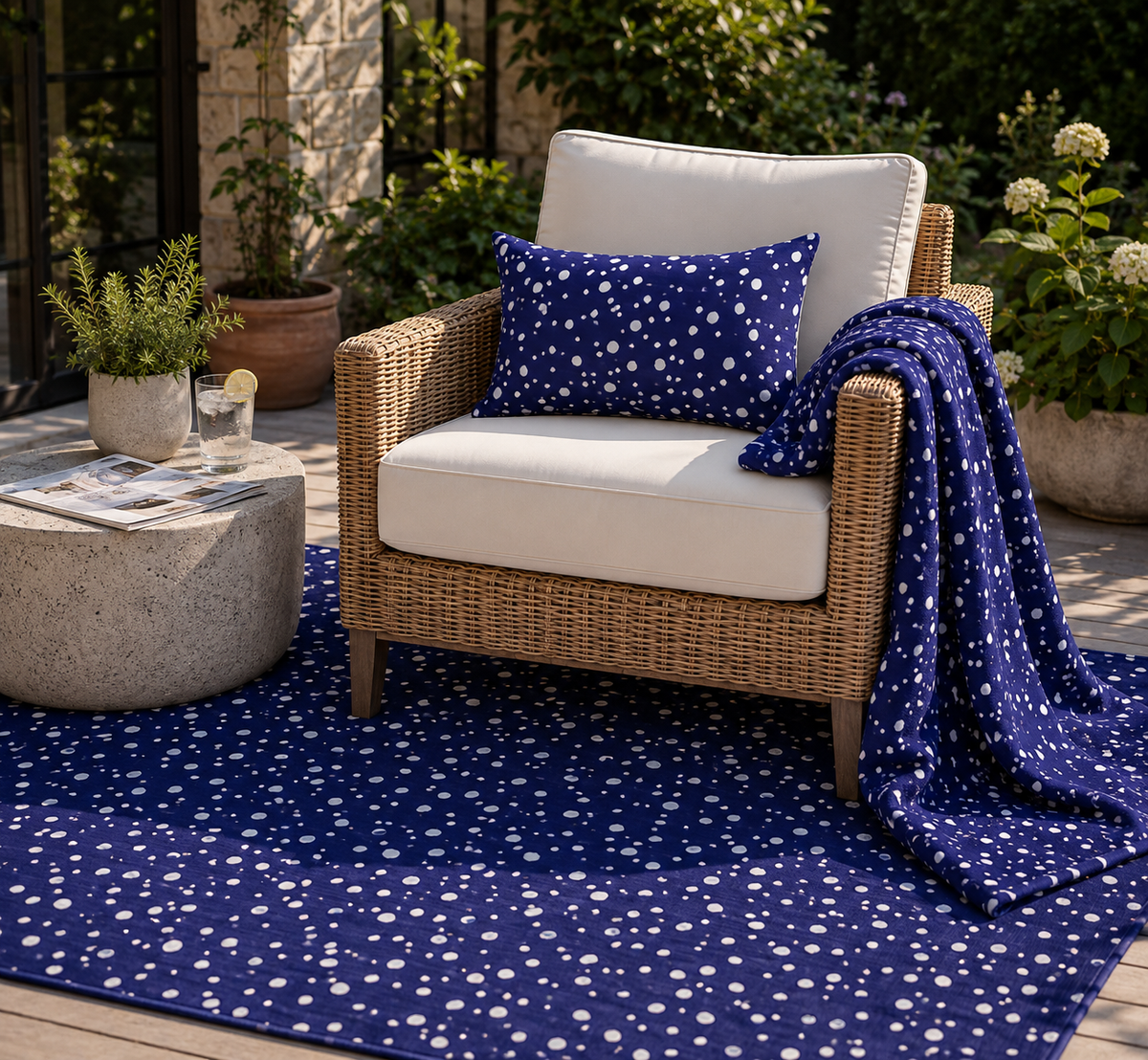 Navy and white painted dot outdoor rug — soft polyester chenille with a non-slip backing
