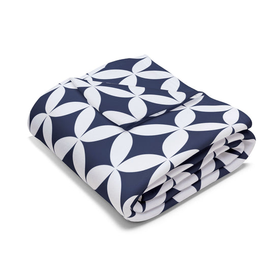 Navy and white trellis outdoor fleece blanket — 315 gsm polyester fleece, soft on both sides