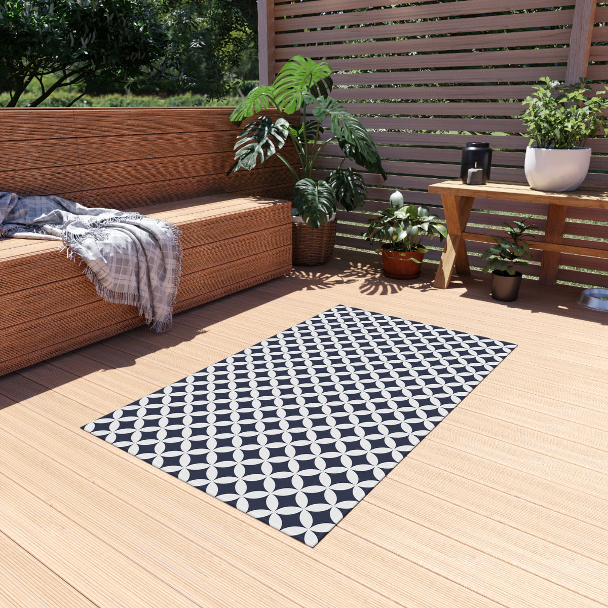 Navy and white trellis outdoor rug — soft polyester chenille with a non-slip backing