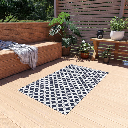 Navy and white trellis outdoor rug — soft polyester chenille with a non-slip backing