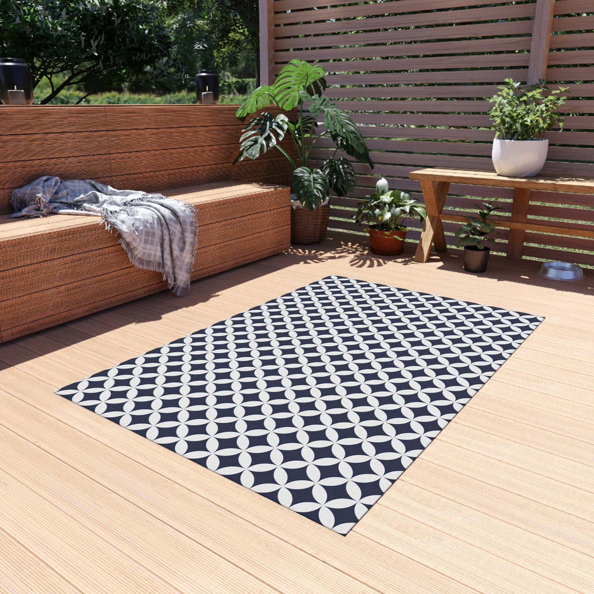 Navy and white trellis outdoor rug — soft polyester chenille with a non-slip backing