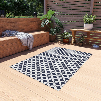 Navy and white trellis outdoor rug — soft polyester chenille with a non-slip backing