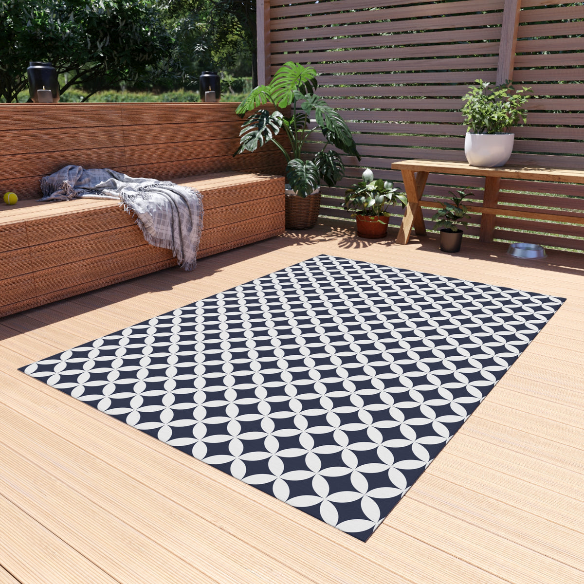 Navy and white trellis outdoor rug — soft polyester chenille with a non-slip backing