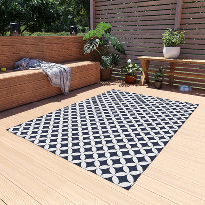 Navy and white trellis outdoor rug — soft polyester chenille with a non-slip backing