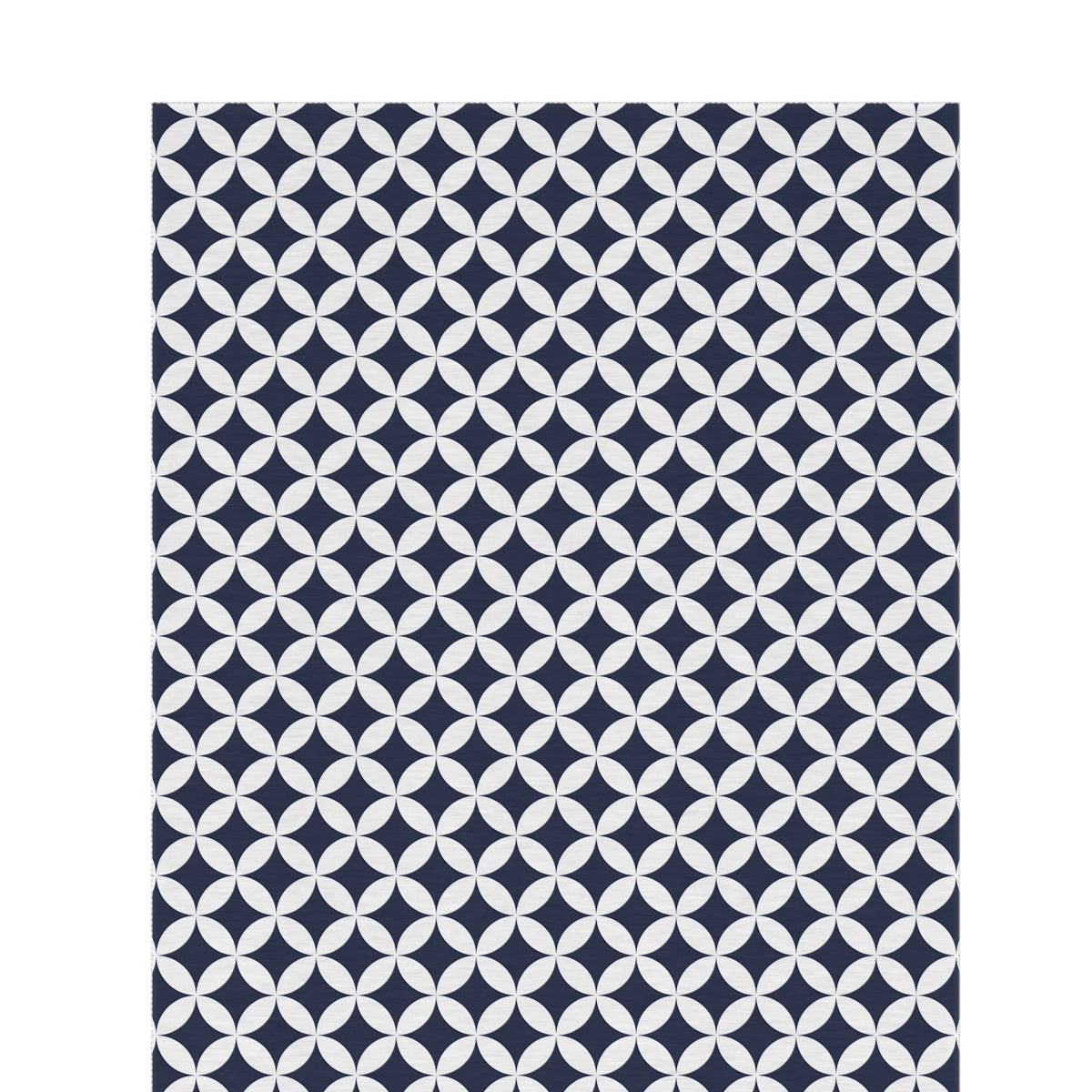 Navy and white trellis outdoor rug — soft polyester chenille with a non-slip backing