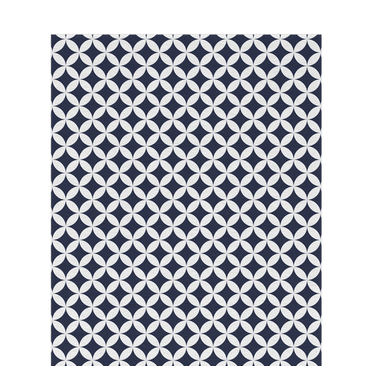 Navy and white trellis outdoor rug — soft polyester chenille with a non-slip backing