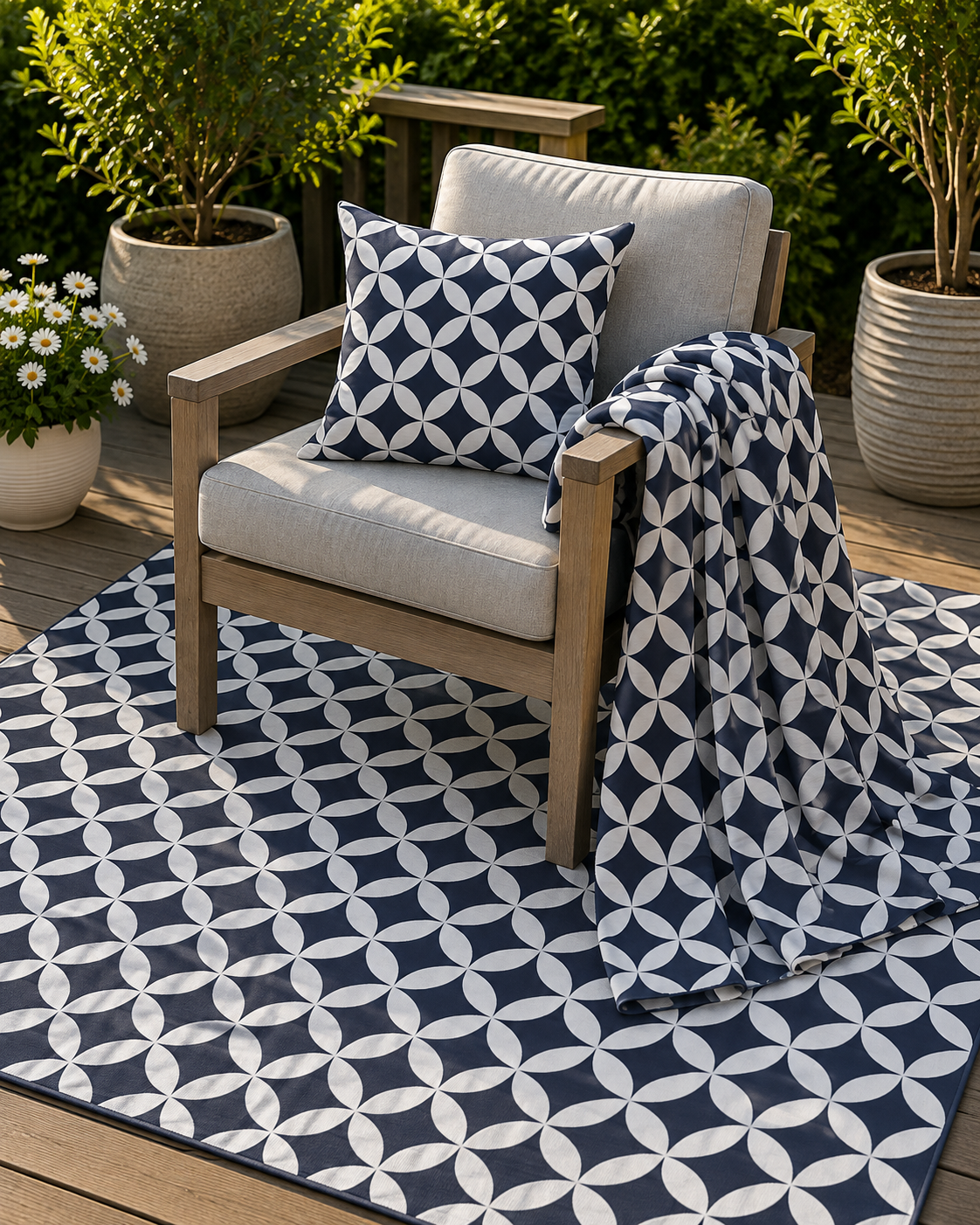 Navy and white trellis outdoor rug — soft polyester chenille with a non-slip backing