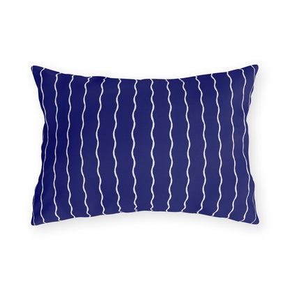 Navy and white wavy stripe lumbar outdoor pillow — spun polyester, UV and water resistant