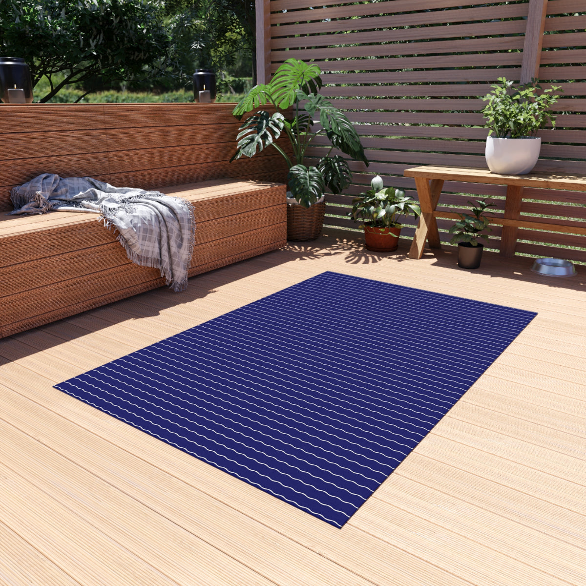 Navy and white wavy stripe outdoor rug — soft polyester chenille with a non-slip backing
