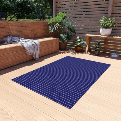 Navy and white wavy stripe outdoor rug — soft polyester chenille with a non-slip backing