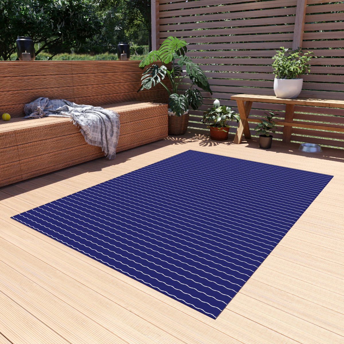 Navy and white wavy stripe outdoor rug — soft polyester chenille with a non-slip backing