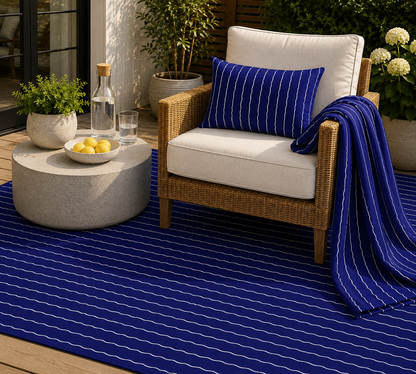 Navy and white wavy stripe outdoor rug — soft polyester chenille with a non-slip backing
