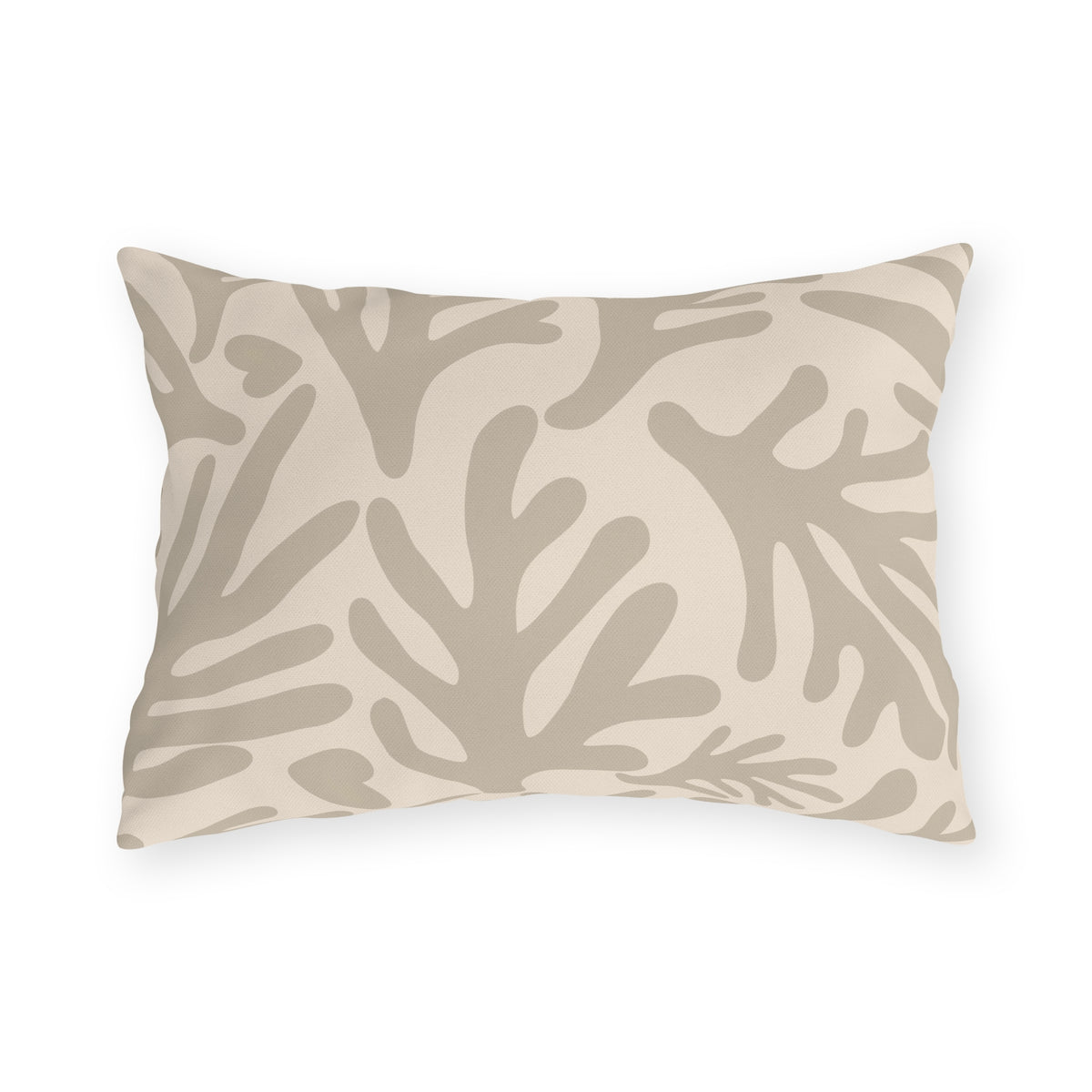 Neutral coral branch lumbar outdoor pillow in taupe and cream — spun polyester, UV and water resistant