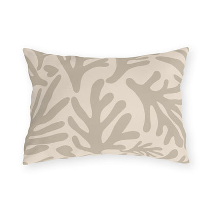 Neutral coral branch lumbar outdoor pillow in taupe and cream — spun polyester, UV and water resistant