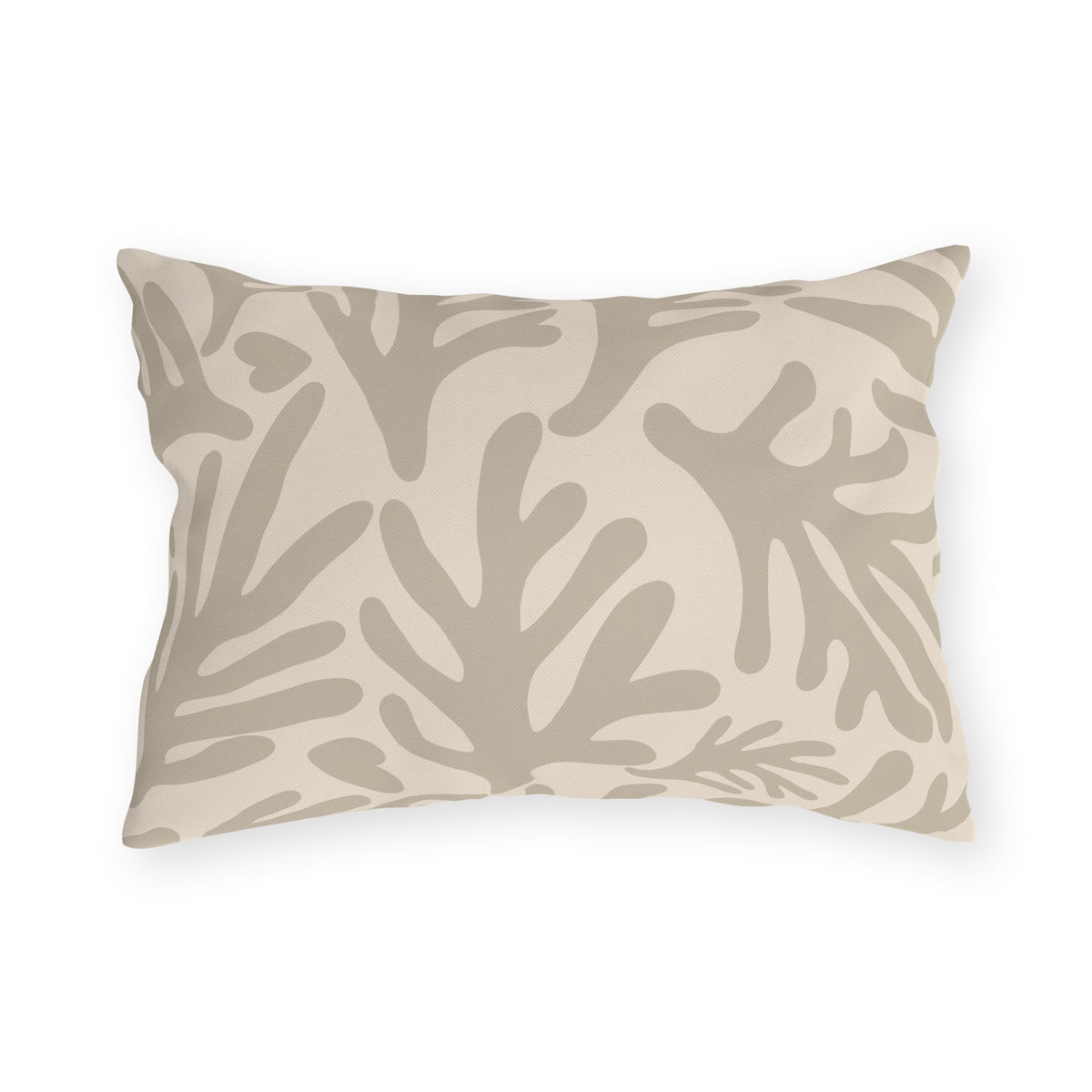 Neutral coral branch lumbar outdoor pillow in taupe and cream — spun polyester, UV and water resistant