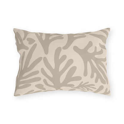 Neutral coral branch lumbar outdoor pillow in taupe and cream — spun polyester, UV and water resistant