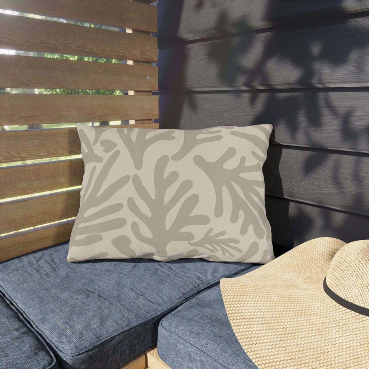 Neutral coral branch lumbar outdoor pillow in taupe and cream — spun polyester, UV and water resistant