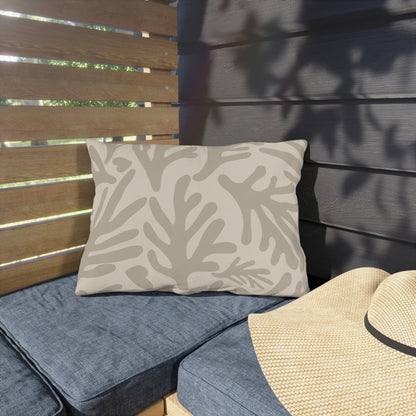 Neutral coral branch lumbar outdoor pillow in taupe and cream — spun polyester, UV and water resistant