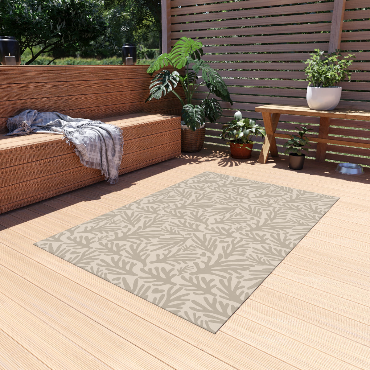 Neutral coral branch outdoor rug in taupe and cream — soft polyester chenille with a non-slip backing
