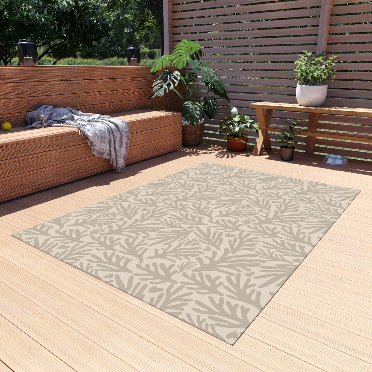 Neutral coral branch outdoor rug in taupe and cream — soft polyester chenille with a non-slip backing