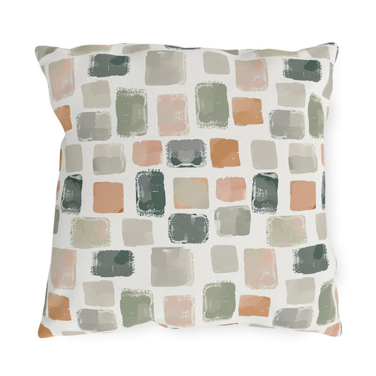 Painted tile outdoor pillow — spun polyester, UV and water resistant