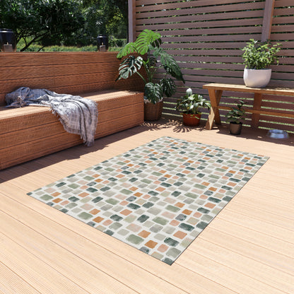 Painted tile outdoor rug in sage, terracotta and grey — soft polyester chenille with a non-slip backing