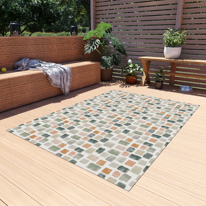 Painted tile outdoor rug in sage, terracotta and grey — soft polyester chenille with a non-slip backing