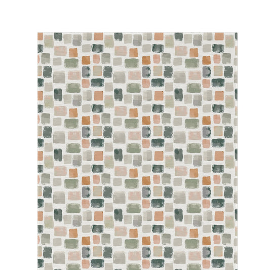 Painted tile outdoor rug in sage, terracotta and grey — soft polyester chenille with a non-slip backing