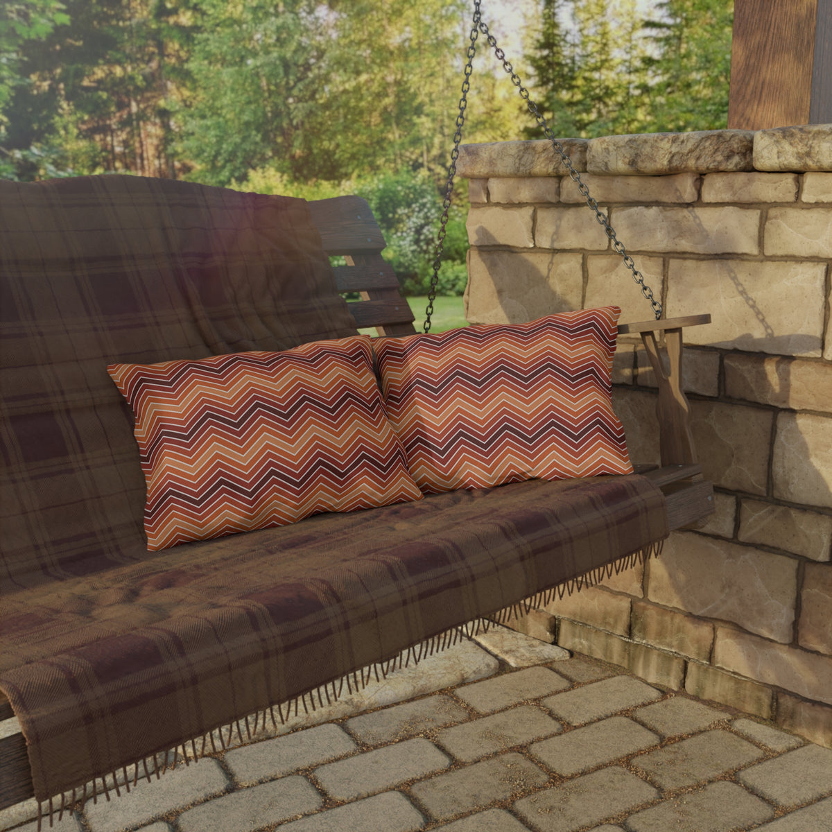 Rust chevron lumbar outdoor pillow — spun polyester, UV and water resistant