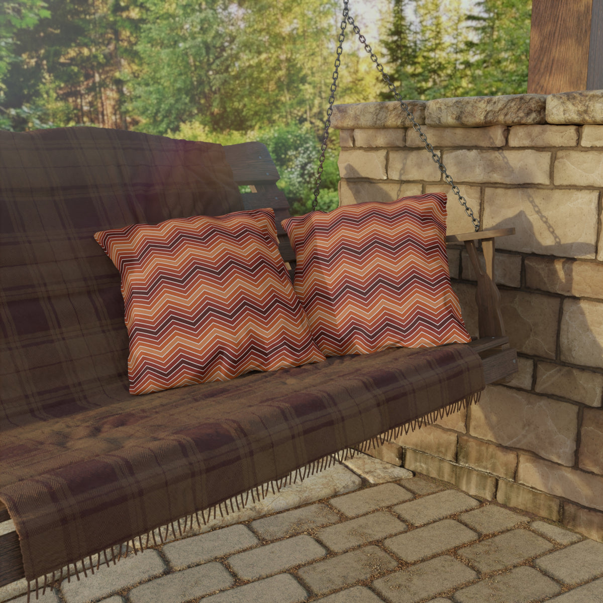 Rust chevron outdoor pillow — spun polyester, UV and water resistant