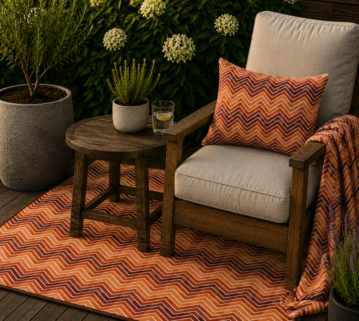 Rust chevron outdoor rug — soft polyester chenille with a non-slip backing