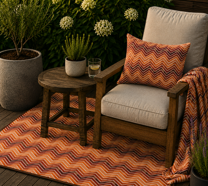 Rust chevron outdoor rug — soft polyester chenille with a non-slip backing