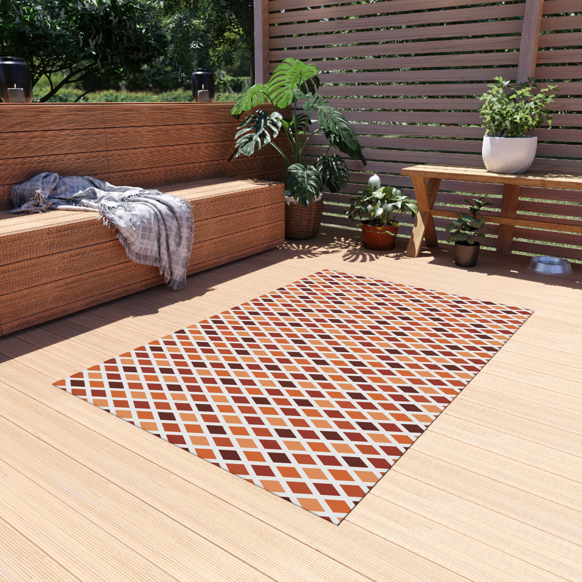 Rust harlequin diamond outdoor rug — soft polyester chenille with a non-slip backing
