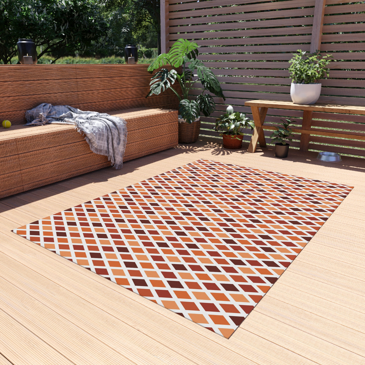 Rust harlequin diamond outdoor rug — soft polyester chenille with a non-slip backing