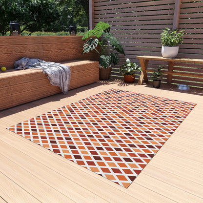 Rust harlequin diamond outdoor rug — soft polyester chenille with a non-slip backing