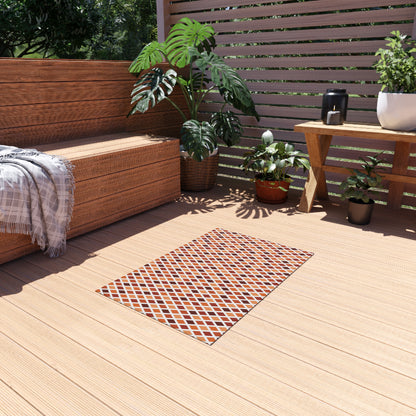 Rust harlequin diamond outdoor rug — soft polyester chenille with a non-slip backing