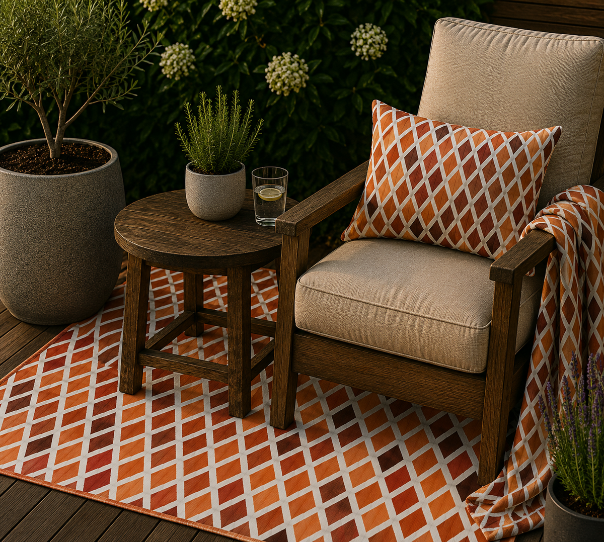 Rust harlequin diamond outdoor set — matching rug, pillow and fleece blanket