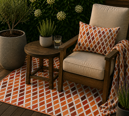 Rust harlequin diamond outdoor set — matching rug, pillow and fleece blanket