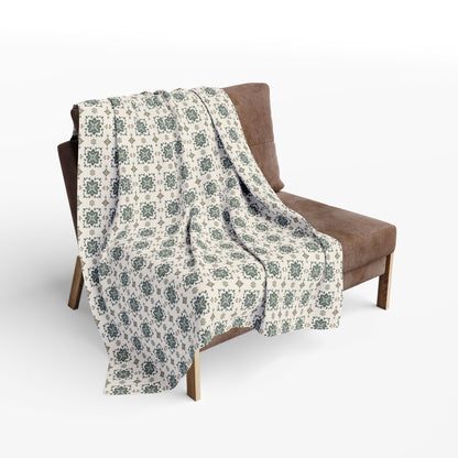 Sage cement tile outdoor fleece blanket — 315 gsm polyester fleece, soft on both sides