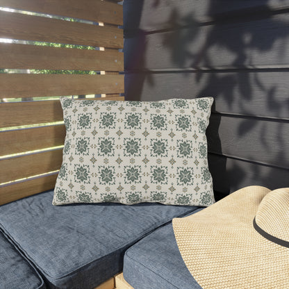 Sage cement tile lumbar outdoor pillow — spun polyester, UV and water resistant
