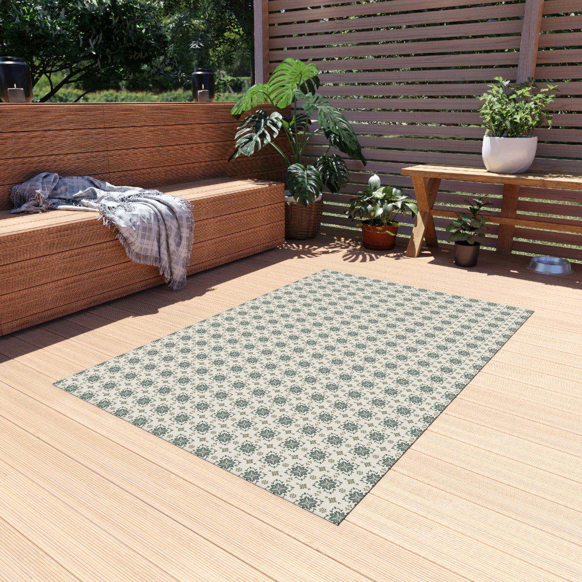 Sage cement tile outdoor rug — soft polyester chenille with a non-slip backing