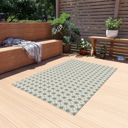 Sage cement tile outdoor rug — soft polyester chenille with a non-slip backing