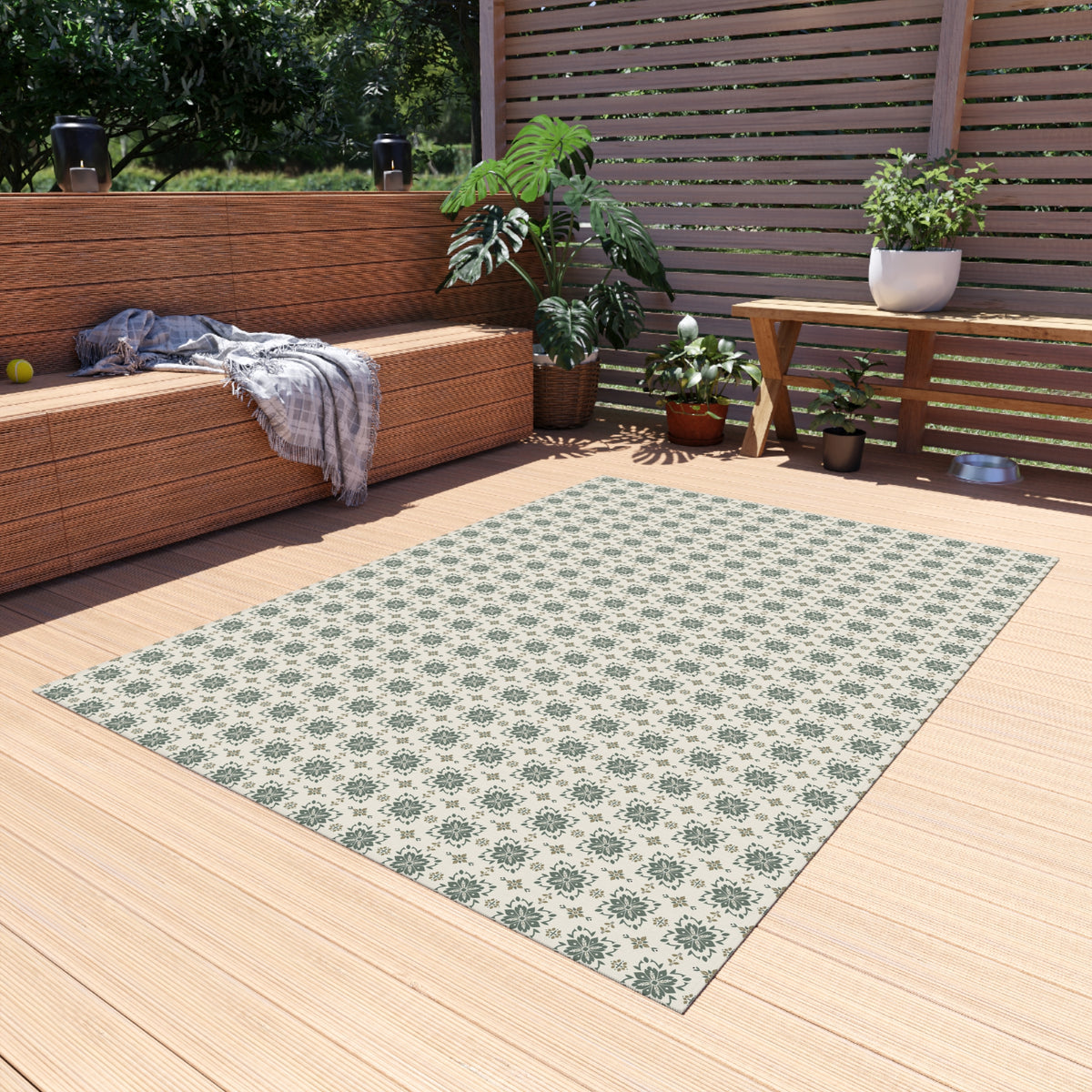 Sage cement tile outdoor rug — soft polyester chenille with a non-slip backing
